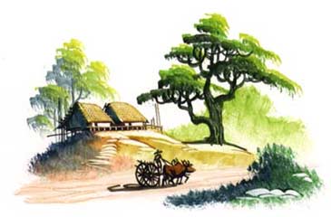 An ox cart on a village road