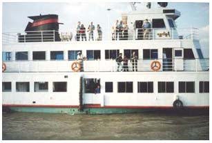 Tourist boat arrives at Bagan jetty, on Ayeyarwaddy river