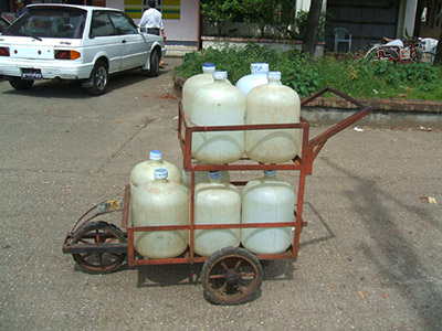 A cart with bottled water