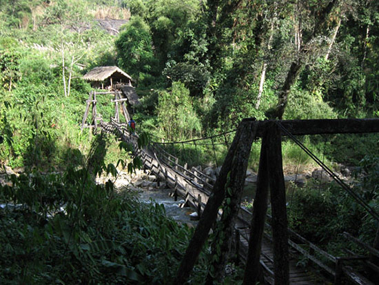 Crossing the river by suspension bridge